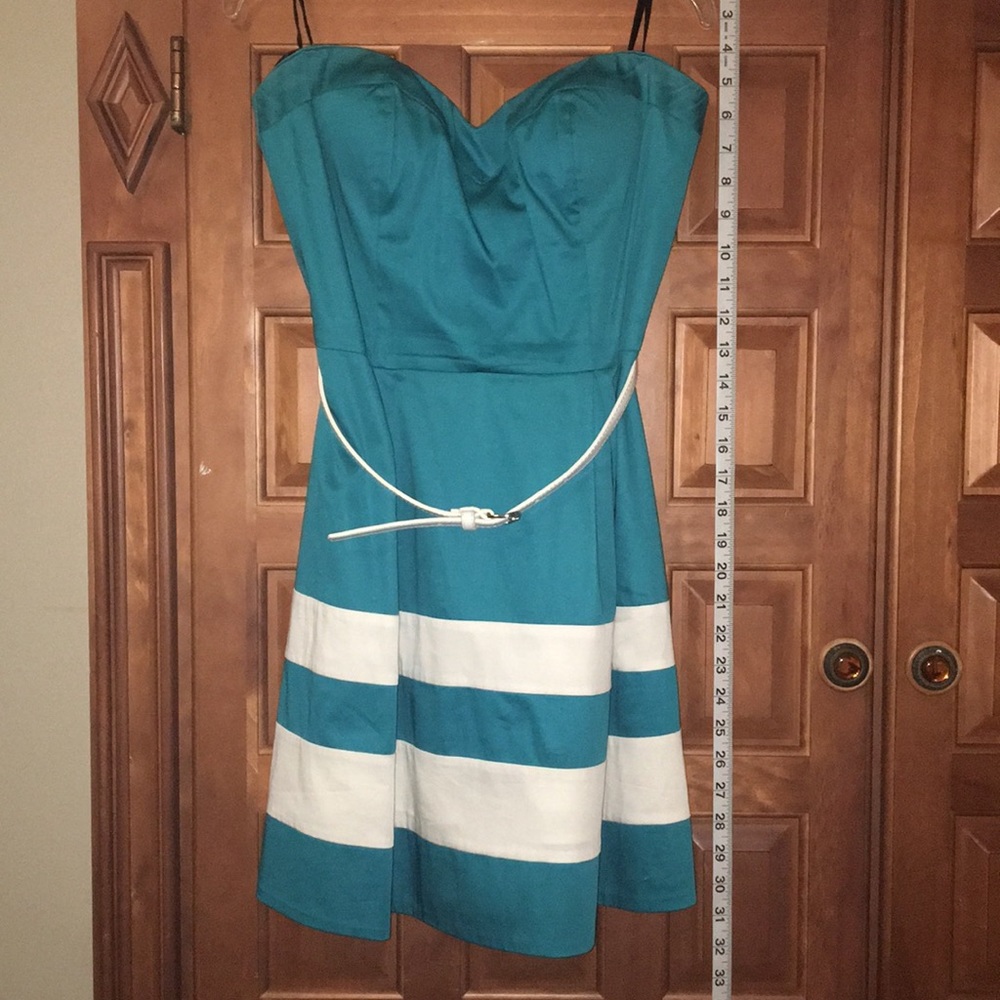 Strapless teal striped Bebe dress